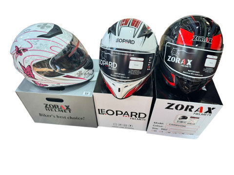 Two Zorax and one Leopard motorcycle helmets (boxed as new).