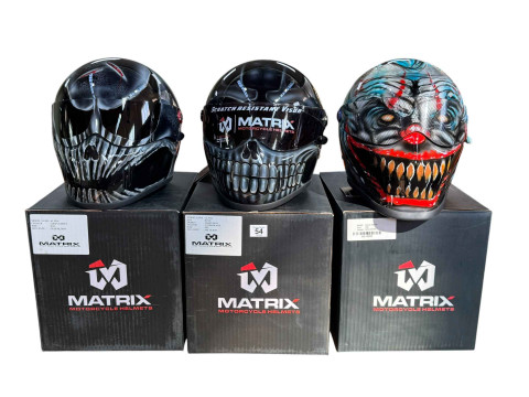 Three Matrix motorcycle helmets (boxed as new).