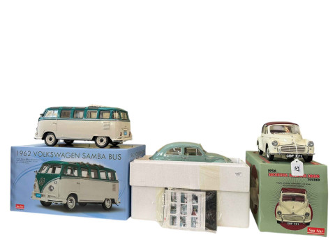 Three Sun Star model vehicles; VW 1962 Samba Bus, 1961 VW Beetle Saloon...
