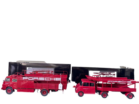 Two Schuco Porsche Transport Trucks, boxed.
