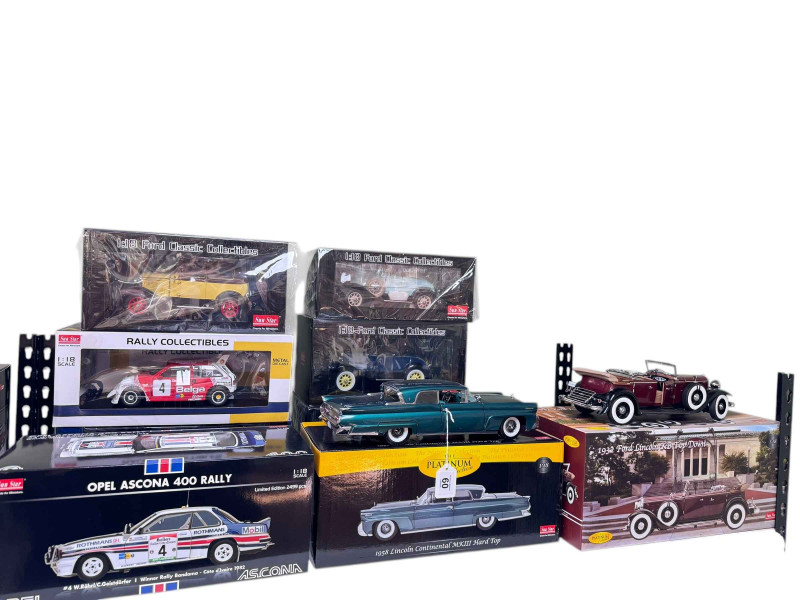Nine Sun Star model vehicles including 1958 Lincoln Continental MKIII, 1932 Ford Lincoln, four Classic Fords, two Rally, etc (boxed).