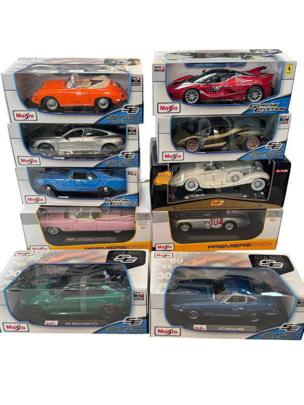 Collection of ten Maisto model vehicles including Porsche 365B Cabriolet, Lamborghini Sian FKP37 and Ferrari FXX K (all boxed).