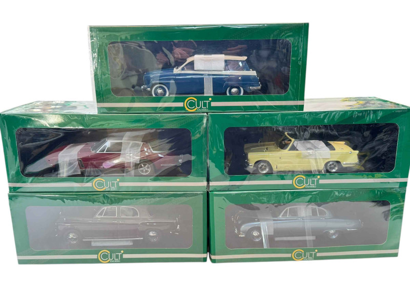 Five boxed Cult scale models; Jenson Interceptor III, Rover 110 P4, Saab 95 1963, Triumph Vitesse MKII and Jaguar S Type (all boxed).