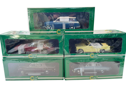 Five boxed Cult scale models; Jenson Interceptor III, Rover 110 P4, Saab...