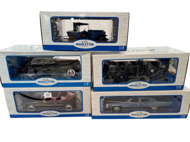 Five Modelcar Group model vehicles including Cadillac Fleetwood Series 60, Mercedes G4 Schwarz NCG and Opal 4 PS (all boxed).