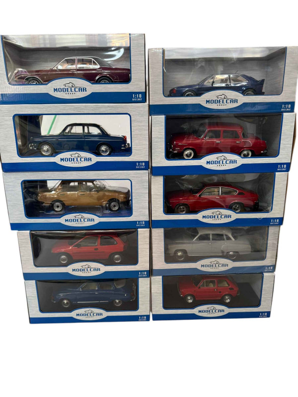 Ten Modelcar Group model vehicles including Fat 126, Vauxhall Corsa, Saab 96 V4, Ford Grenada MK1 and Wartburg 311.312 (all boxed).