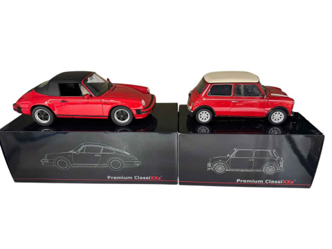 Five Premium Classixxs model cars including Audi R8, Porsche 911 Carrera's and Mini Cooper (all boxed). thumbnail