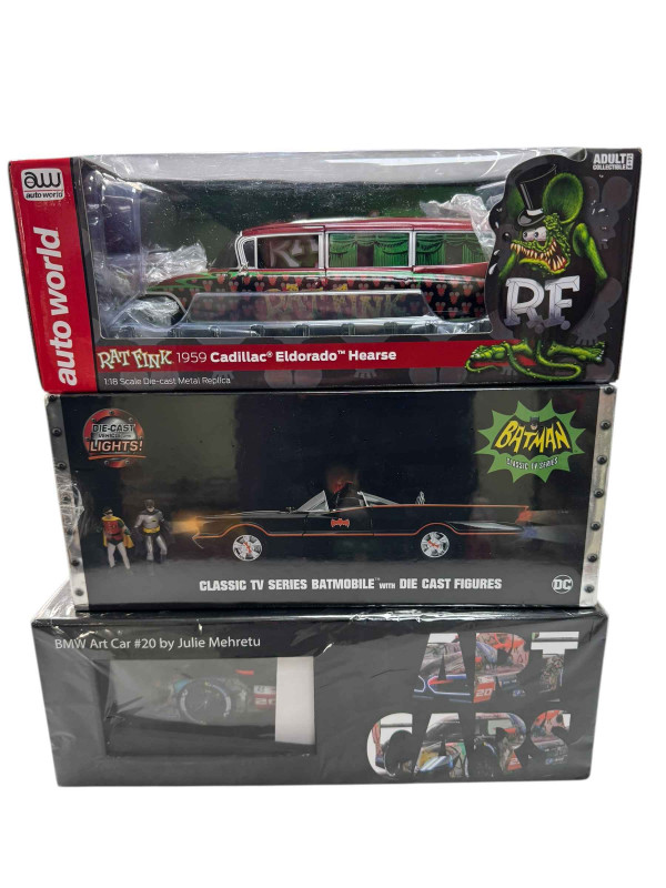BMW Art Car Museum Edition by Julie Mehretu, Dickie Toys Batmobile, both sealed, and Auto World Rat Fink 1959 Cadillac Eldorado Hearse (3).