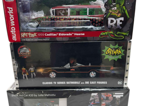 BMW Art Car Museum Edition by Julie Mehretu, Dickie Toys Batmobile, both...