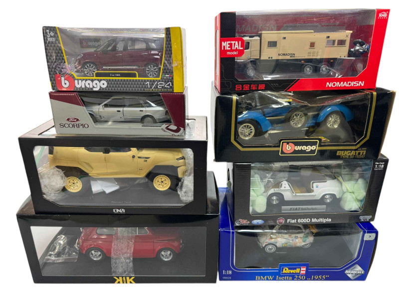 Thirteen various model vehicles including Burago Bugatti Type 59, Road Signature 1970 Datsun 240Z, Revell BMW Isetla 259 1955 and Foxton Mini Cooper (boxed).
