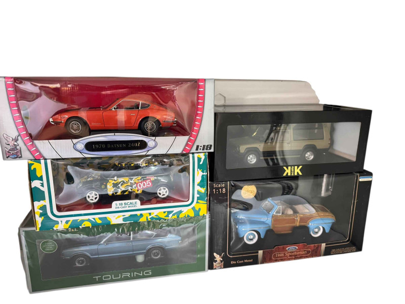 Thirteen various model vehicles including Burago Bugatti Type 59, Road Signature 1970 Datsun 240Z, Revell BMW Isetla 259 1955 and Foxton Mini Cooper (boxed).