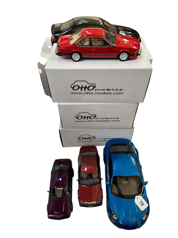 Five Otto Mobile model vehicles; BMW M3 CSL, Alpine A110, BMW M6 E24, Mercedes and Toyota Celica RA24, boxed.
