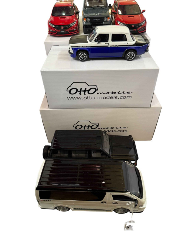 Six Otto Mobile model vehicles; two Honda Civic Tyre R, Simca 1000, Toyota Land Cruiser, Toyota Hiace and Nissan Patrol GR boxed.
