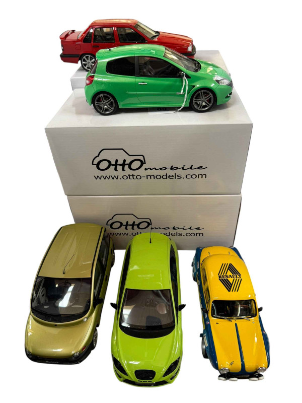 Six Otto Mobile model vehicles; two Renault Clio RS, Volvo 850 R Sedan, Renault Dauphine, Seat Leon Cupra R and Fiat Multipla (all boxed).