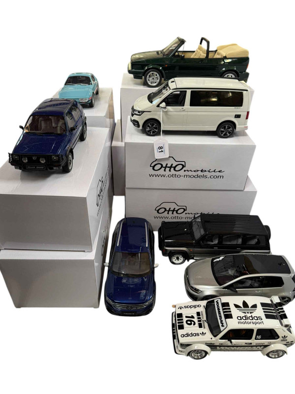 Eight Otto Mobile model vehicles; seven Volkswagen models, Golf Cabriolet, T6, 1 California Ocean, SP2, Golf 2 Country, Tiguan R, Golf GTI and Golf R 400 with Nissan Patrol GR, all boxed.
