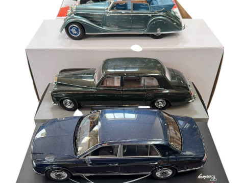 Seven various model vehicles; three iscale models, Mercedes Benz Renntransporter, S Moss Mercedes Benz W196 F1 and Skoda Popular Monte Carlo and Paragon Rolls Royce Phantom V (all boxed). thumbnail