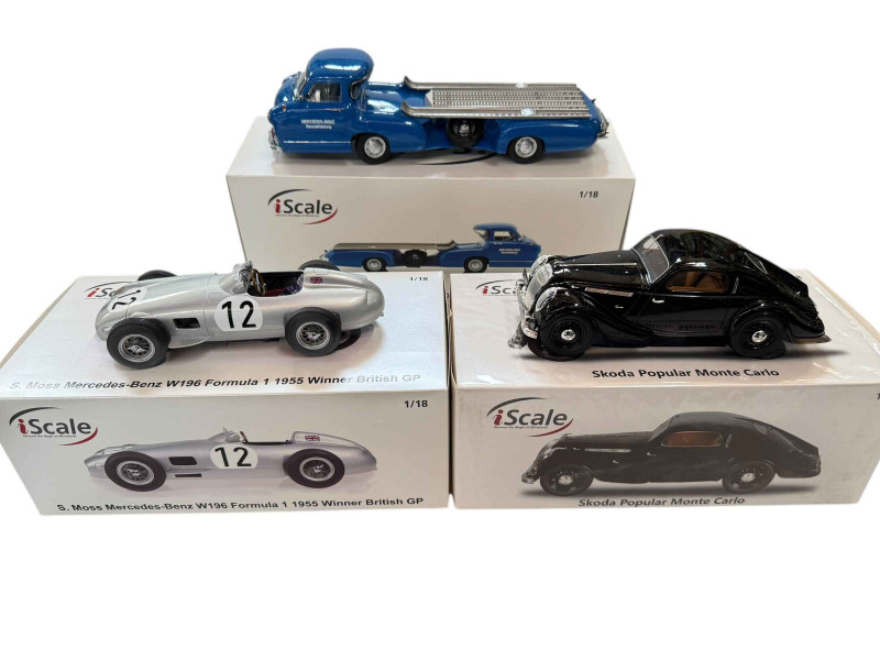 Seven various model vehicles; three iscale models, Mercedes Benz Renntransporter, S Moss Mercedes Benz W196 F1 and Skoda Popular Monte Carlo and Paragon Rolls Royce Phantom V (all boxed).