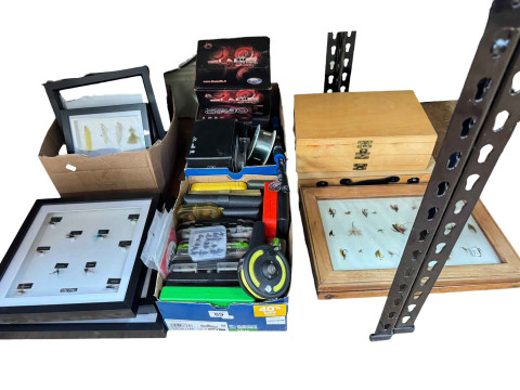 Collection of framed fishing flies, box fishing flies, rod and reels.