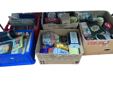 Eleven boxes of collectors cards, annuals, Pokemon cards, assorted tins and framed cigarette cards. thumbnail