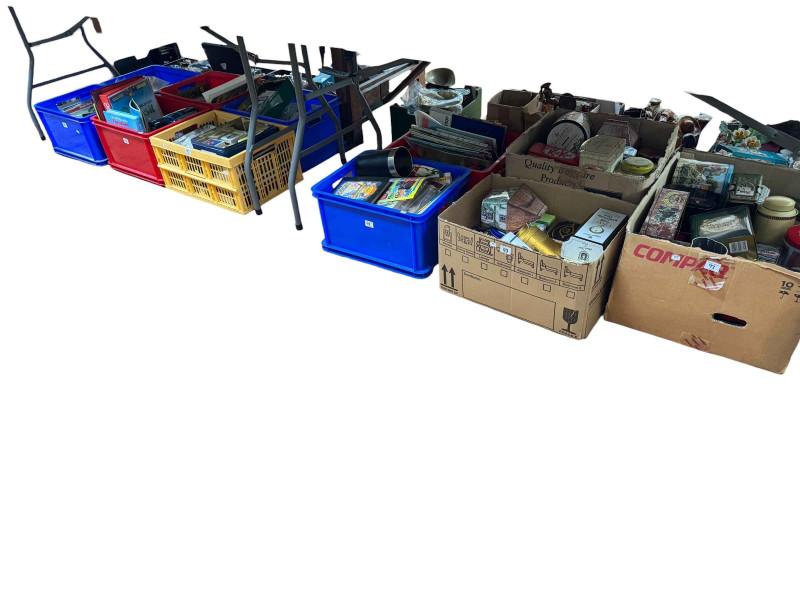 Eleven boxes of collectors cards, annuals, Pokemon cards, assorted tins and framed cigarette cards.