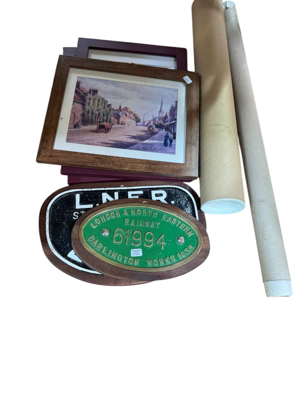 Collection of Darlington & Railway memorabilia including Darlington Football shirt, scarf and framed tickets, railway plaques, posters and pictures, etc.