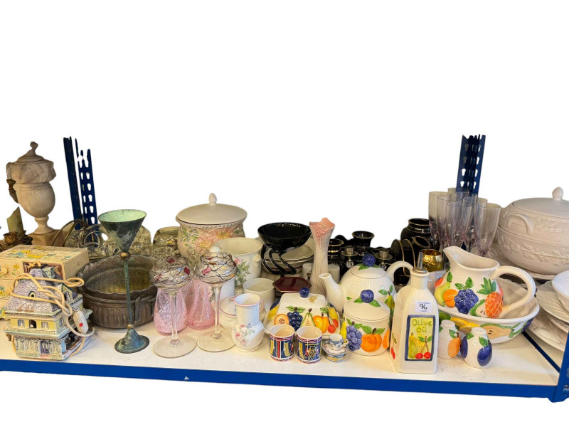 Collection of glass, china, metalwares, wristwatches, collectors plates and dinnerware, etc.