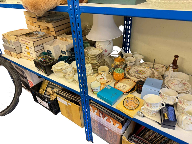 Boxed collectors plates, teaware, table lamp, two Caithness paperweights, shredder, etc.