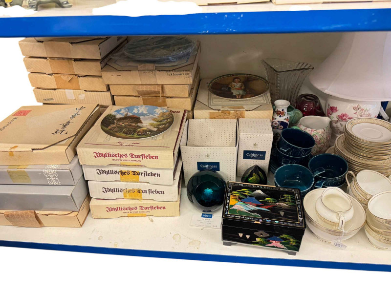 Boxed collectors plates, teaware, table lamp, two Caithness paperweights, shredder, etc.