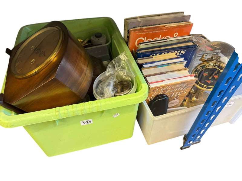Two boxes of clocks and clock parts, watches and horology books.