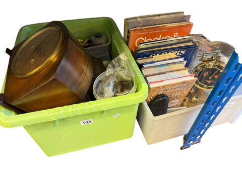 Two boxes of clocks and clock parts, watches and horology books.