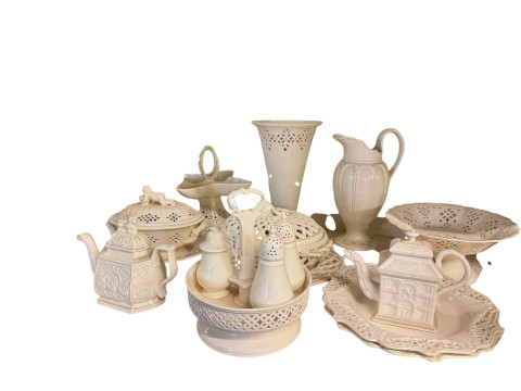 Collection of Royal Creamware including two tureens, cruet, teapot, vase,...