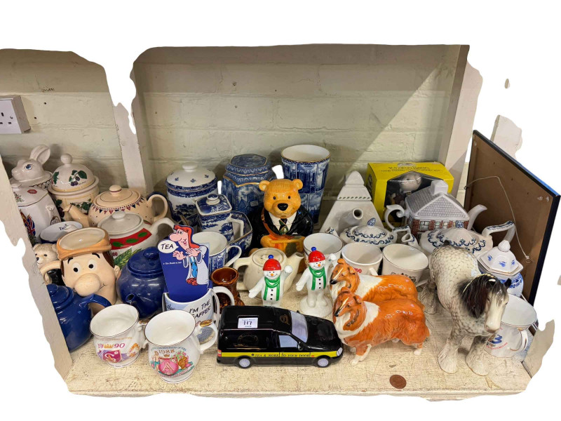 Full shelf of Ringtons, china, Oriental eggshell tea and coffee ware, glassware, two Beswick Lochinvar of Lady Park, etc.