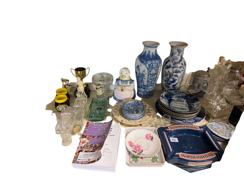 Full shelf of Ringtons, china, Oriental eggshell tea and coffee ware, glassware, two Beswick Lochinvar of Lady Park, etc.