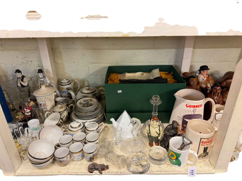 Full shelf of Ringtons, china, Oriental eggshell tea and coffee ware, glassware, two Beswick Lochinvar of Lady Park, etc.