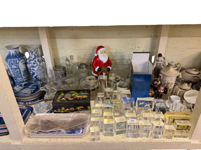 Full shelf of Ringtons, china, Oriental eggshell tea and coffee ware, glassware, two Beswick Lochinvar of Lady Park, etc.
