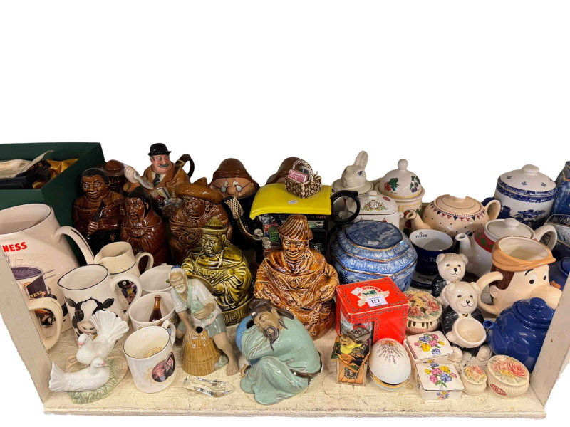 Full shelf of Ringtons, china, Oriental eggshell tea and coffee ware, glassware, two Beswick Lochinvar of Lady Park, etc.