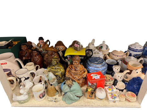 Full shelf of Ringtons, china, Oriental eggshell tea and coffee ware, glassware, two Beswick Lochinvar of Lady Park, etc. thumbnail