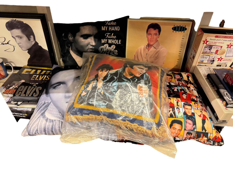 Large collection of Elvis memorabilia including books, cushions, pictures, mugs, telephone, LP records, etc.