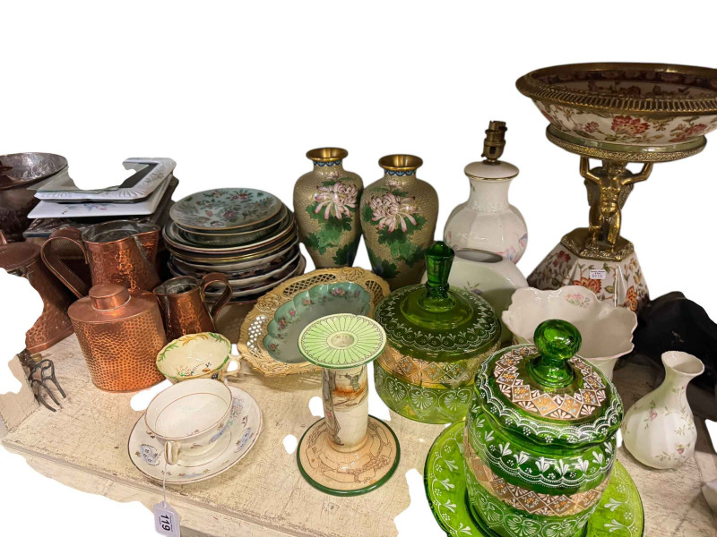 Collection of copper, brass and silver plated ware, Victorian needlework stool ,various china, glass, pair of Cloisonné vases, etc.