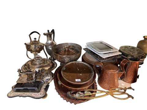 Collection of copper, brass and silver plated ware, Victorian needlework stool ,various china, glass, pair of Cloisonné vases, etc. thumbnail