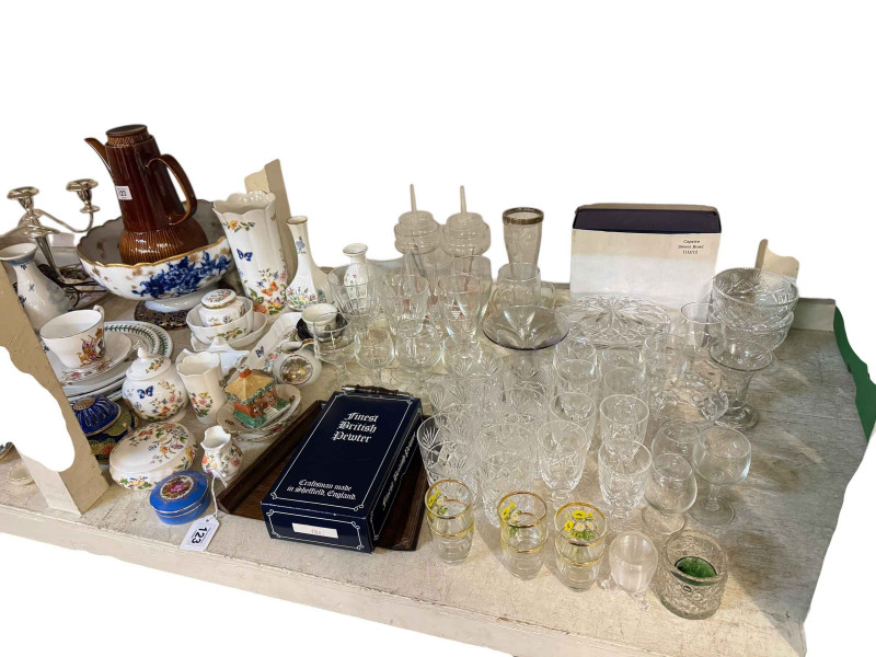 Assorted china and glass including Aynsley Cottage Garden, character jugs, teaware, etc.