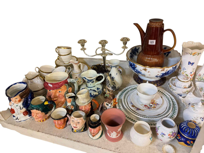 Assorted china and glass including Aynsley Cottage Garden, character jugs, teaware, etc.