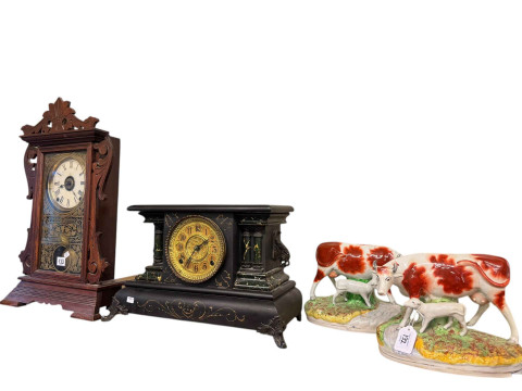 Gingerbread and marble effect mantel clocks and pair of 19th Century Staffordshire...