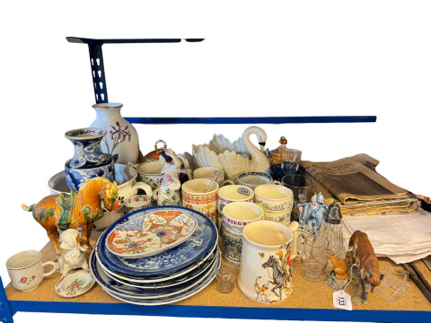 Collection of china including blue and white plates, Wedgwood mugs, Border...
