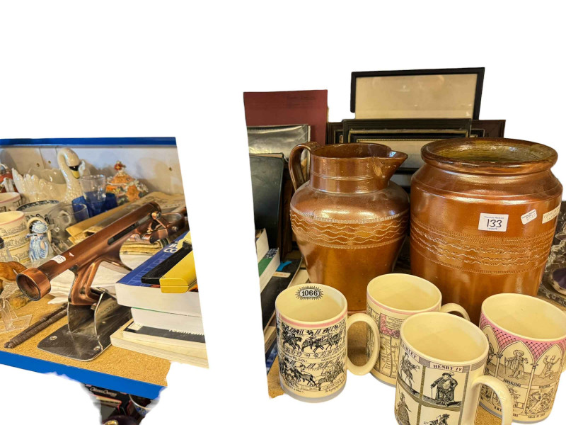 Collection of china including blue and white plates, Wedgwood mugs, Border Fine Arts foxes, vintage newspapers, books, table cloths, pictures, etc.