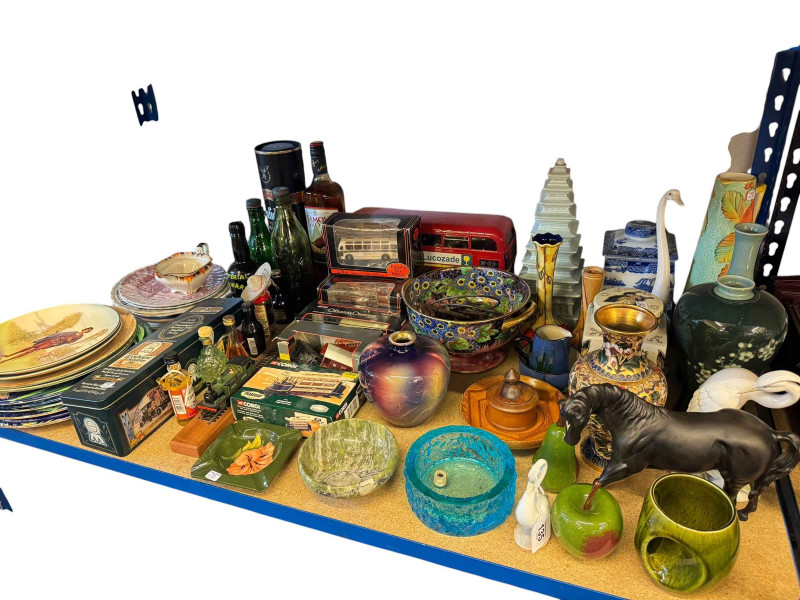 Collection of Maling, Royal Doulton and other plates, Moorcroft Hibiscus ashtray, two bottles of Scotch Whisky, model buses, Beswick Black Beauty and various china, etc.