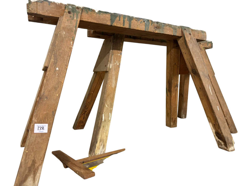 Toolbox and a collection of tools, two wood trestles, etc.