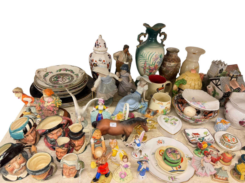 Large elephant ornament and a collection of glass and china including five Doulton character jugs, three Nao figures, miniature ornaments, onyx box, lighter and ashtray, etc.