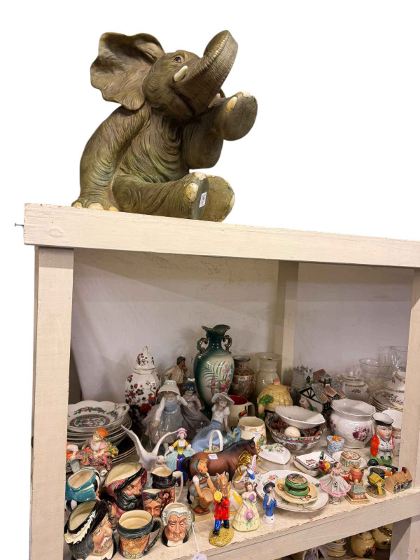 Large elephant ornament and a collection of glass and china including five Doulton character jugs, three Nao figures, miniature ornaments, onyx box, lighter and ashtray, etc.