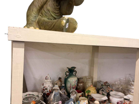 Large elephant ornament and a collection of glass and china including...